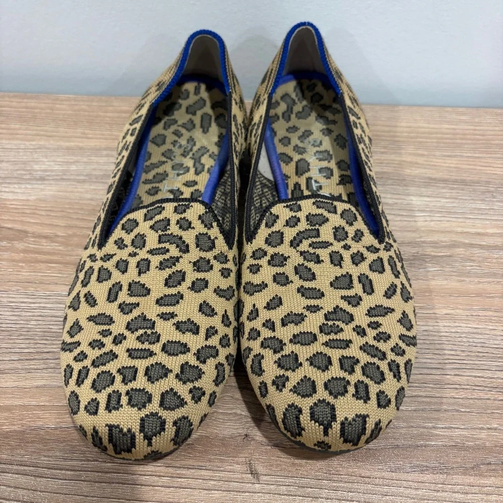 Rothy's The Loafer Leopard Print Flat Shoes Women Tan Black Size 7.5 Knit Animal